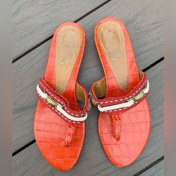 Salvatore Ferragamo red orange T strap rope crock embossed leather sandals 7.5 - Picture 3 of 16